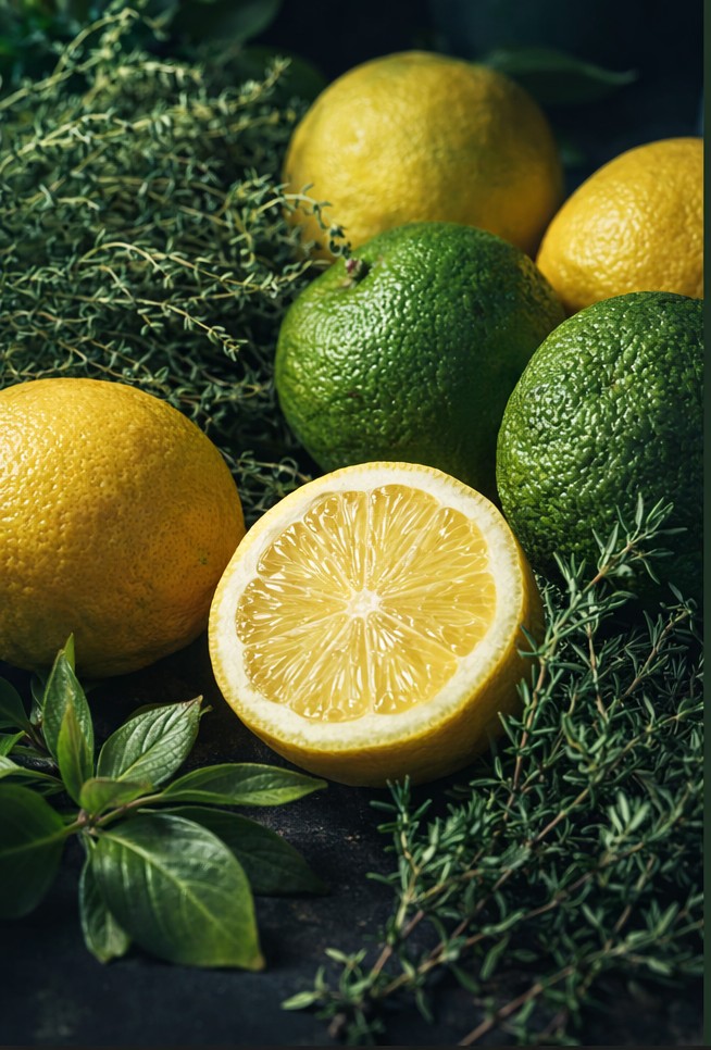 Cypriot citrus botanicals — fresh lemons and Mediterranean citrus used in ORO Gin